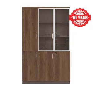 Wide Walnut Office Storage Cabinet with Glass Doors in Qatar