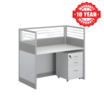 Grey single office workstation with aluminum-framed panels and a mobile cabinet