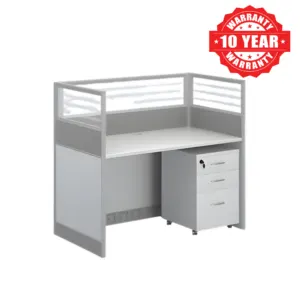 Grey single office workstation with aluminum-framed panels and a mobile cabinet