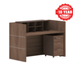 Dark Wood Reception Desk with Overhead Shelves and Drawer