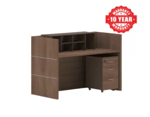 Dark Wood Reception Desk with Overhead Shelves and Drawer