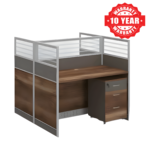 Brown office workstation with aluminum-framed privacy panels and a mobile cabinet