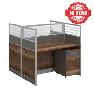 Brown office workstation with aluminum-framed privacy panels and a mobile cabinet