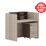Light Wood Reception Desk with Overhead Shelves and Drawer
