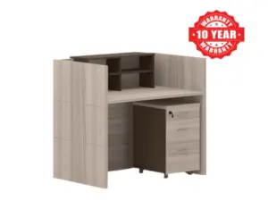 Light Wood Reception Desk with Overhead Shelves and Drawer