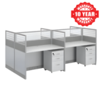 Grey and white office workstation with two desks, high partitions and mobile cabinets