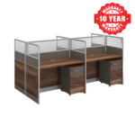 Brown office workstation with two desks, high partitions and mobile cabinets
