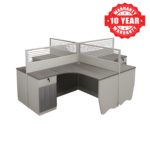Grey L-shaped cluster office workstation with partitions and lockable cabinets