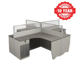 Grey L-shaped cluster office workstation with partitions and lockable cabinets
