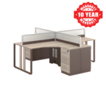 Light wood four-person modular office workstation with partitions and storage cabinets