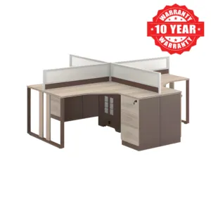 Light wood four-person modular office workstation with partitions and storage cabinets