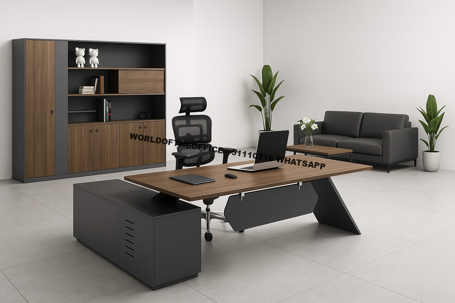 Executive office desk with storage cabinet and sofa