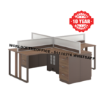 Brown four-person modular office workstation with aluminum-framed partitions and storage
