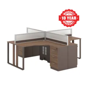Brown four-person modular office workstation with aluminum-framed partitions and storage
