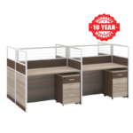 Light wood office workstation with two desks, high partitions and mobile cabinets