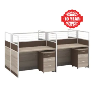 Light wood office workstation with two desks, high partitions and mobile cabinets