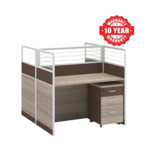 Light wood office workstation with aluminum-framed privacy panels and a mobile cabinet