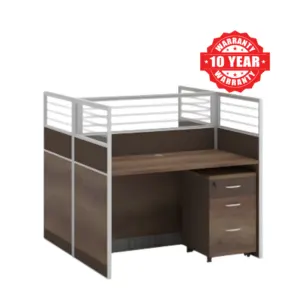 Dark brown office workstation with aluminum-framed privacy partitions