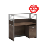 Dark brown single office workstation with aluminum-framed panels and a mobile cabinet