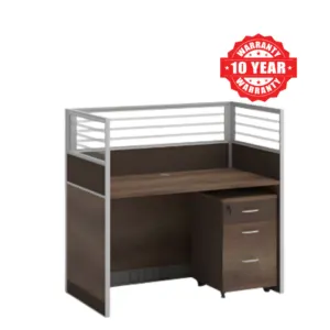 Dark brown single office workstation with aluminum-framed panels and a mobile cabinet