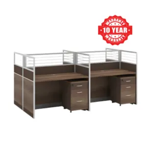 Dark wood office workstation with two desks, high partitions and mobile cabinets