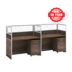 Brown side-by-side office workstation with two desks, high partitions and cabinets