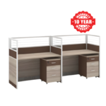 Light wood side-by-side office workstation with two desks, high partitions and cabinets