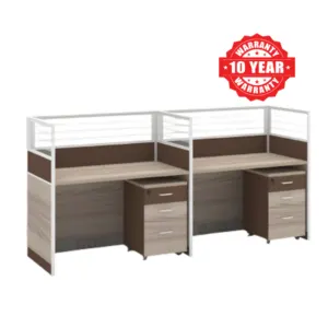 Light wood side-by-side office workstation with two desks, high partitions and cabinets