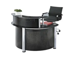 Black Curved Reception Desk with Perforated Metal Front in Qatar