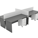 Grey four-person back-to-back office workstation with privacy panels and pedestals