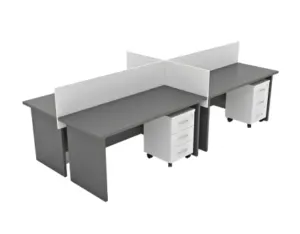 Grey four-person back-to-back office workstation with privacy panels and pedestals