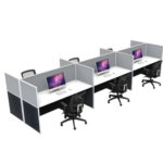 Six-person linear bench office workstation with grey partitions
