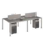 Grey four-person bench office workstation with desk screens and storage cabinets