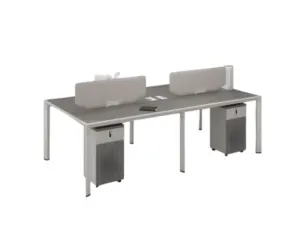 Grey four-person bench office workstation with desk screens and storage cabinets