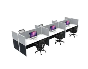 Six-person linear bench office workstation with grey partitions