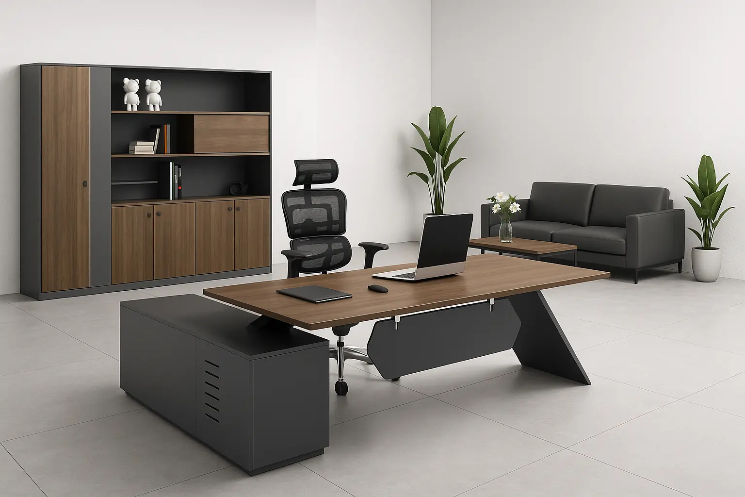 Executive office desk with storage cabinet and sofa