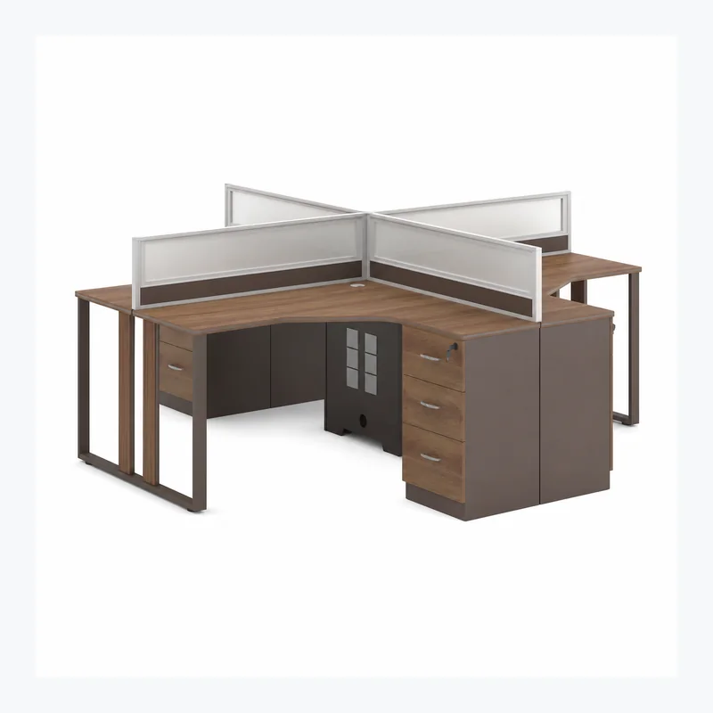 Brown four-person modular office workstation with storage