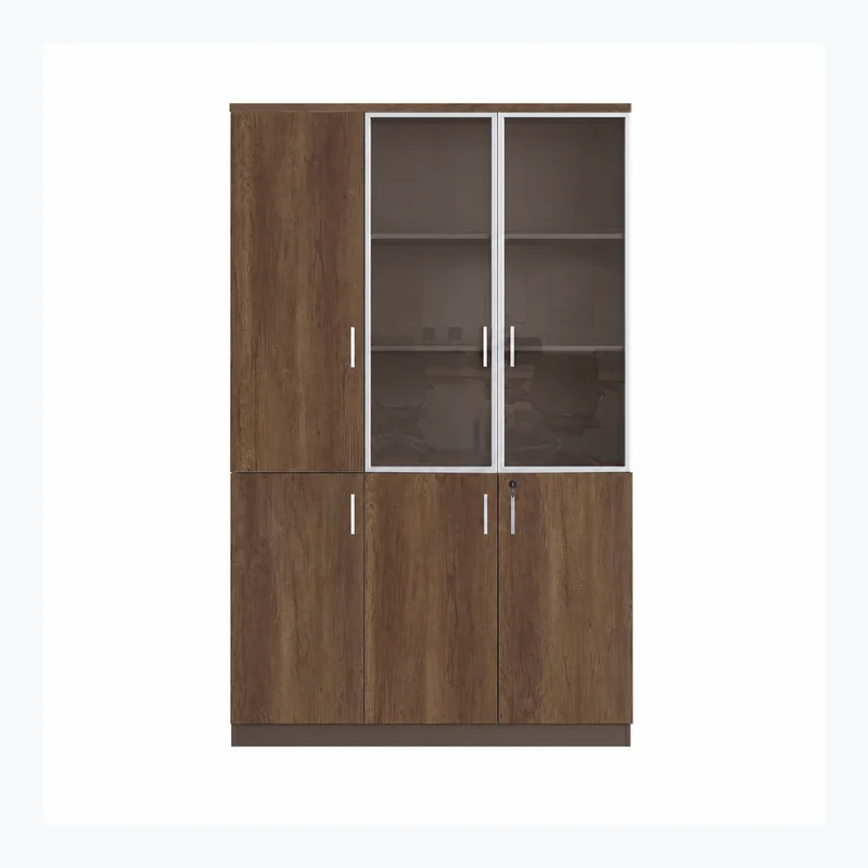 Three-door office filing cabinet with glass doors