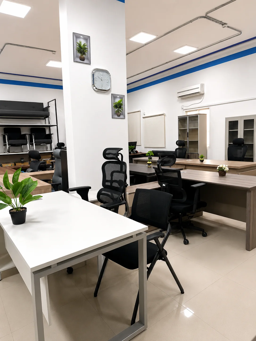 Office chairs and desks displayed inside the World of The Office Qatar showroom in Doha