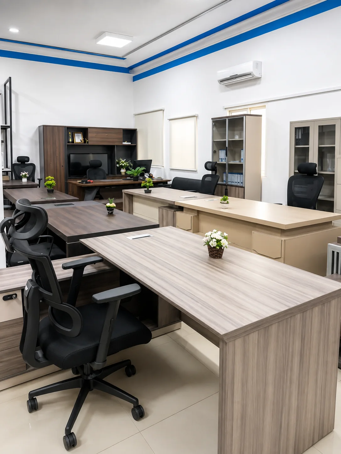 Office desks and chairs displayed inside the World of The Office Qatar showroom in Doha