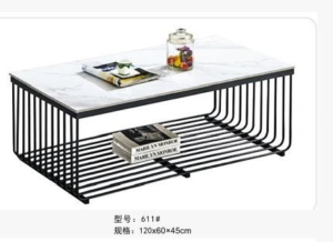 611-120# rectangular coffee table, white marble-effect top, black frame and open slatted metal frame, Qatar