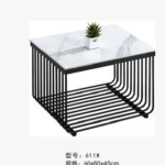 611-60# square coffee table, white marble-effect top, black frame and open slatted metal frame, Qatar