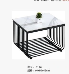 611-60# square coffee table, white marble-effect top, black frame and open slatted metal frame, Qatar
