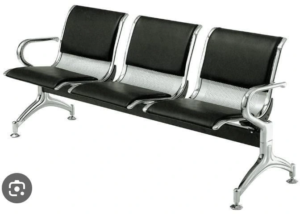 C-01 three-seat waiting bench, black upholstery, silver-tone frame, Qatar