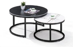 C206# round nesting coffee tables, black and white and open circular metal bases, Qatar