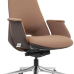 GW-03B medium-back PU office chair, brown with dark brown outer panels and aluminium five-star base, Qatar