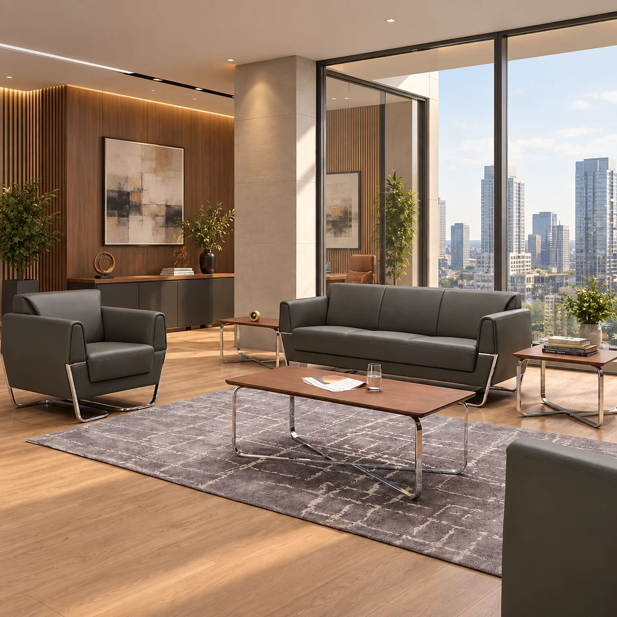 SF-169 Black PU Office Sofa Set 3+1+1 – Modern Office SF-169 black PU office sofa set 3+1+1 in a modern office Qatar